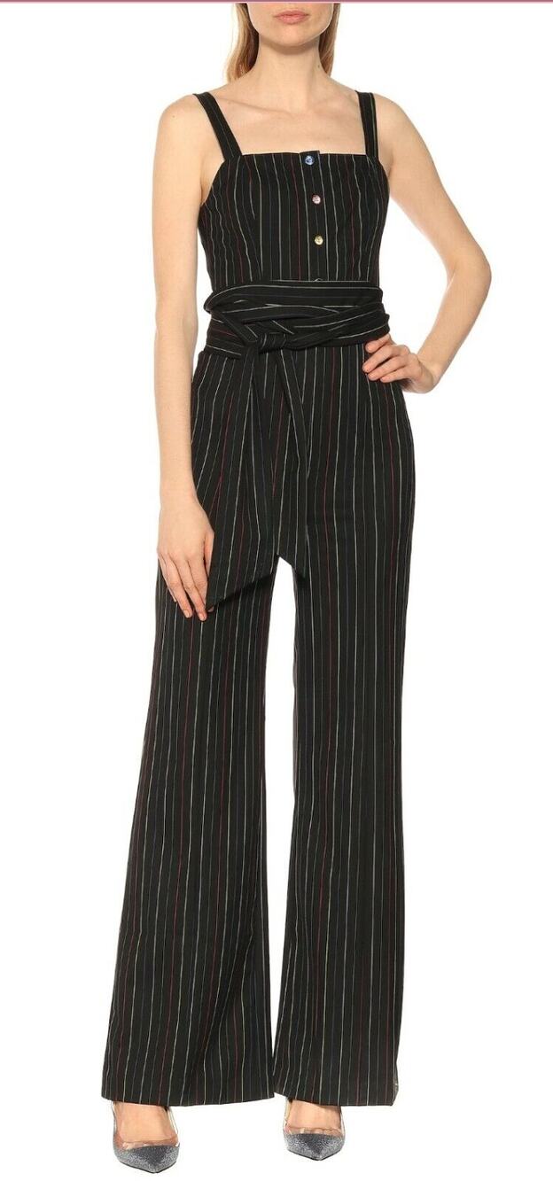 Staud Black Tao Pinstripe Rainbow Belted Flare Jumpsuit Size 2